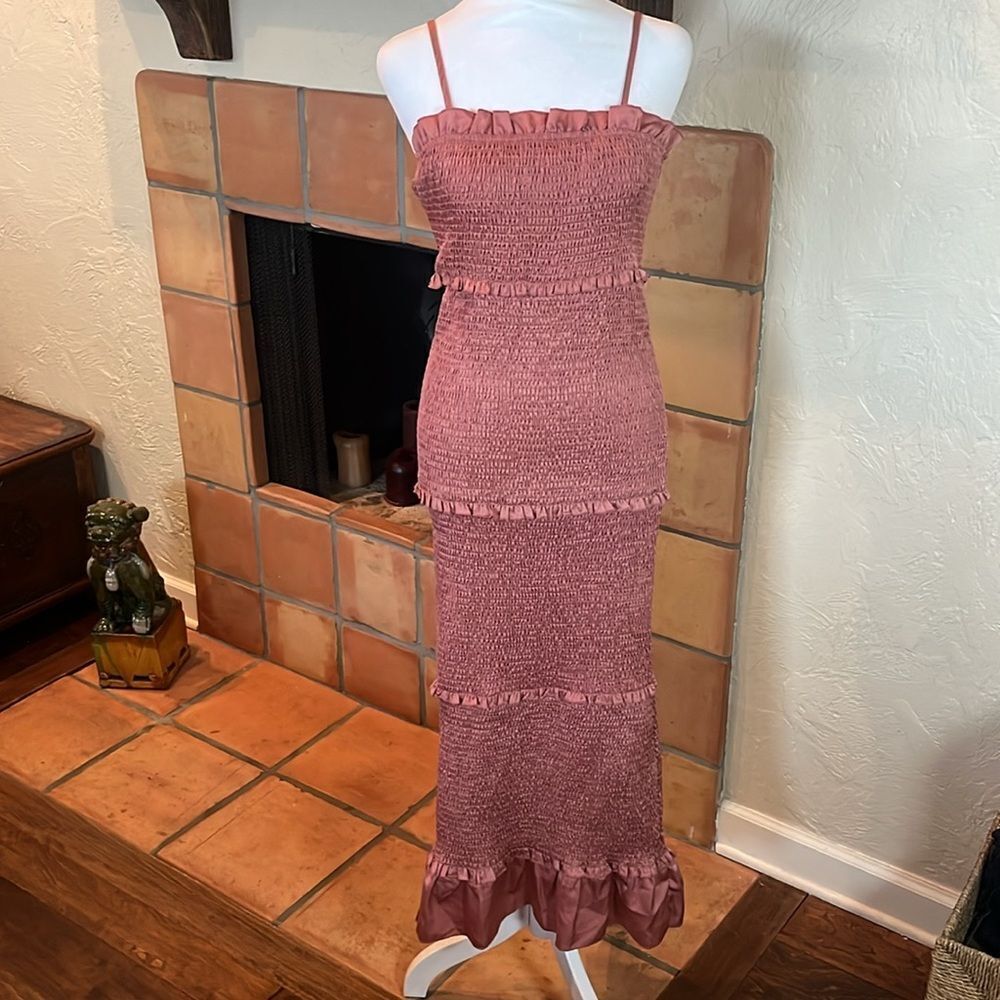 MABLE Body-Con Smocked Strappy Midi Dress, Rose Mauve, size L